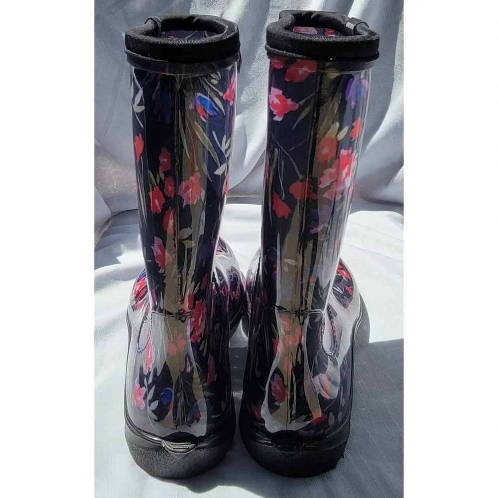 Sloggers Womens 11 Floral Rain Boots Navy Blue Waterproof Garden Mid Calf USA
